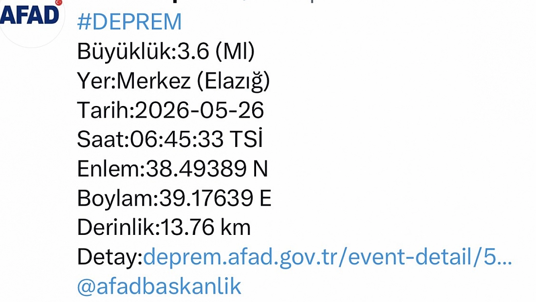 Elazığ'da 3.6 Büyüklüğünde Deprem
