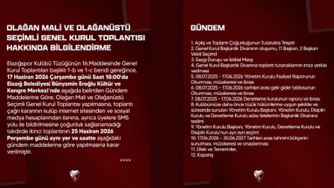 Elazığspor Olağan Mali ve Olağanüstü Seçimli Genel Kurula Gidiyor