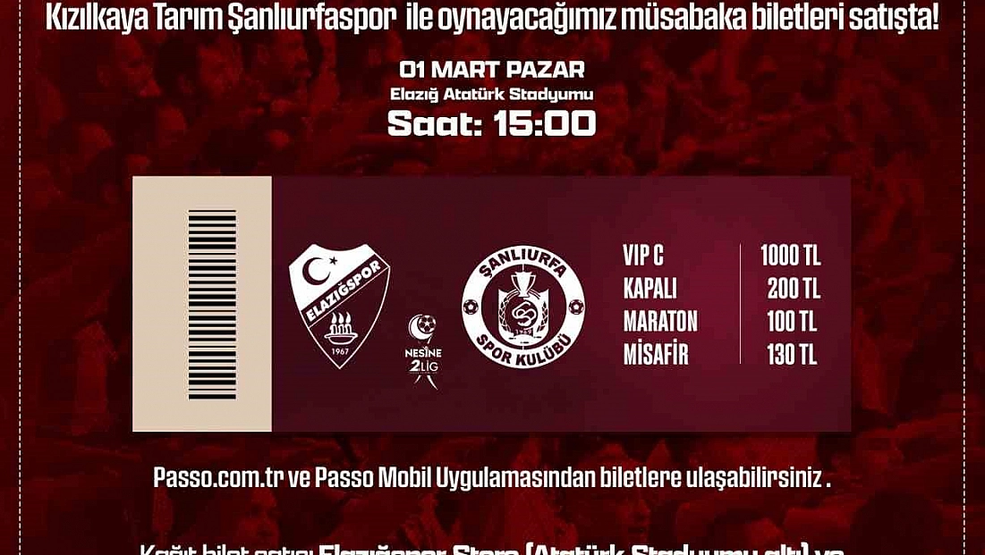 Elazığspor – Şanlıurfaspor Biletleri Satışa Çıktı