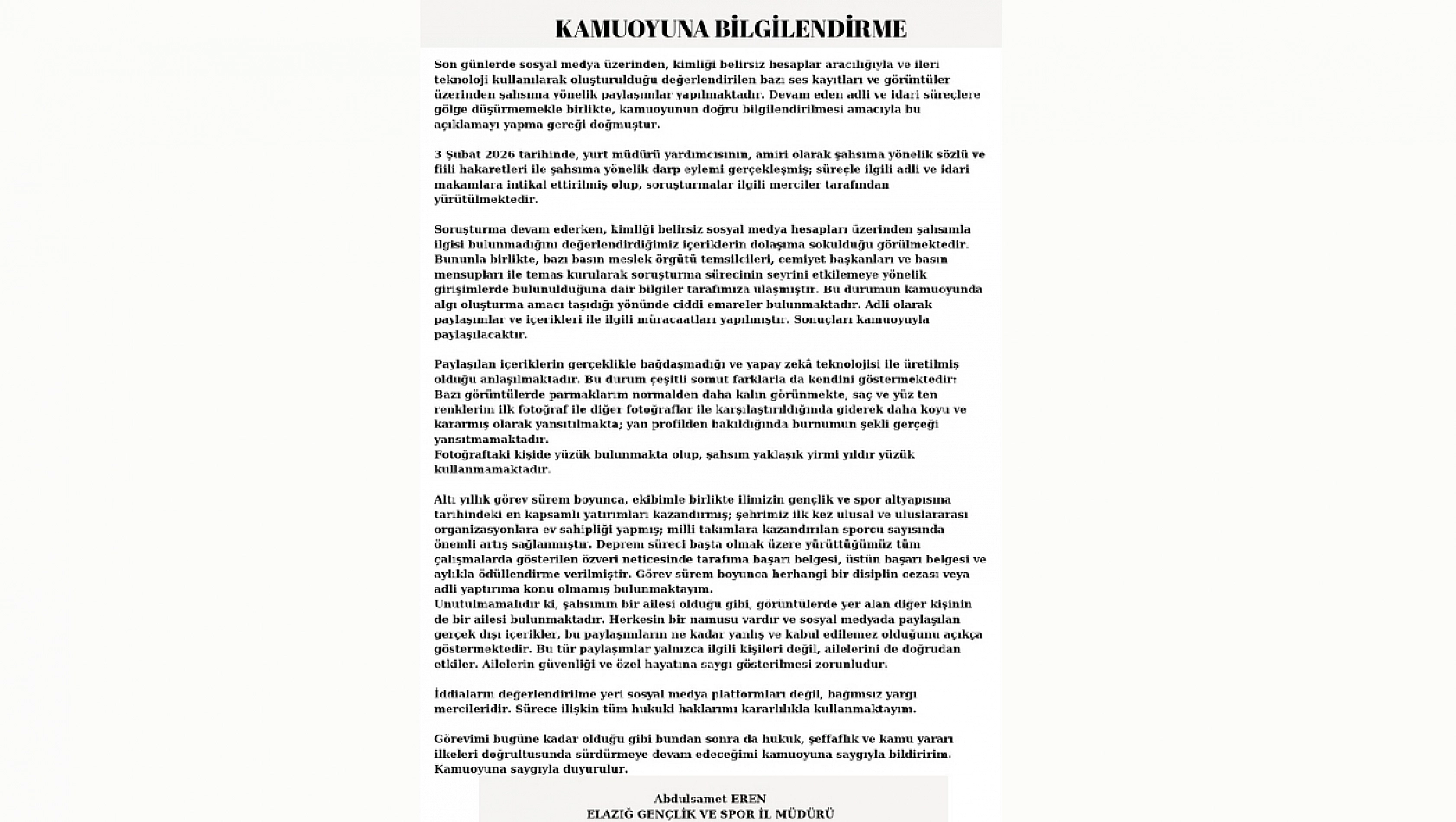 Gençlik ve Spor İl Müdürü Abdulsamet Eren'den Açıklama