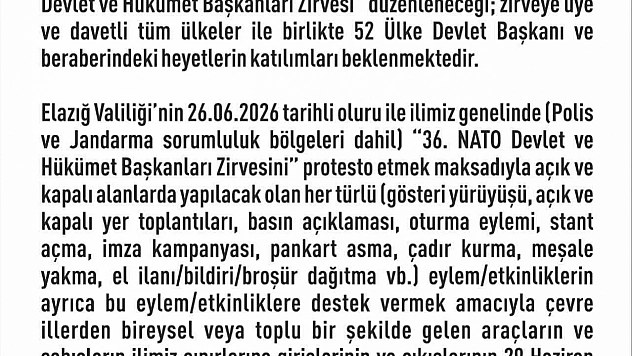 Elazığ'da Gösteri ve Yürüyüşlere 14 Gün Yasak