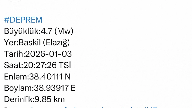 Elazığ'da 4.7 büyüklüğünde deprem meydana geldi