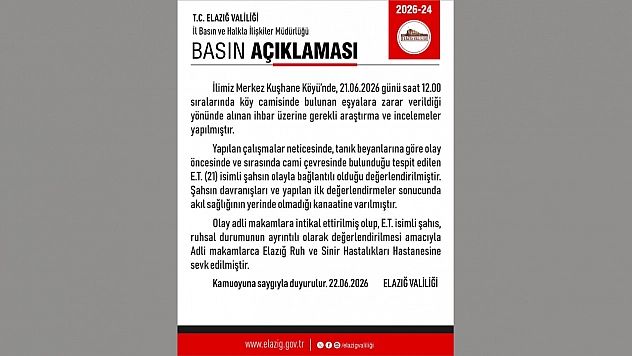 Elazığ'da Camiye Zarar Veren Şahıs Hastaneye Sevk Edildi