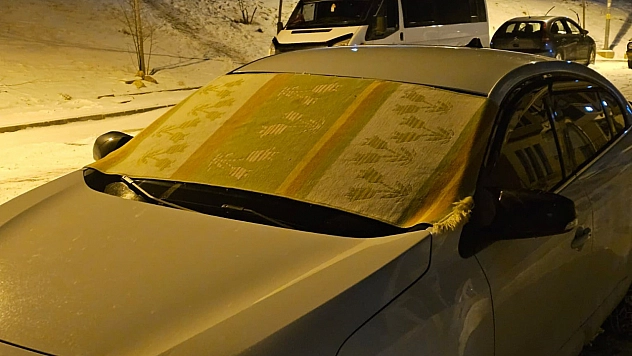 Elazığ'da şiddetli soğuklara karşı araç camlarını korumak için kilim kullanılıyor.