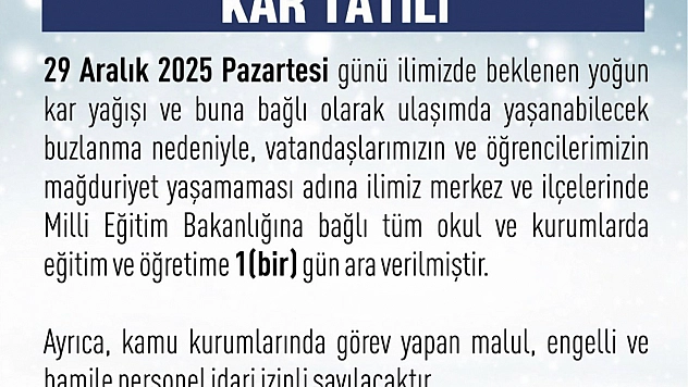 Elazığ'da eğitim ve öğretime 1 günlük ara verildi.