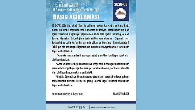 Elazığ'da eğitim ve öğretime 1 günlük ara verildi