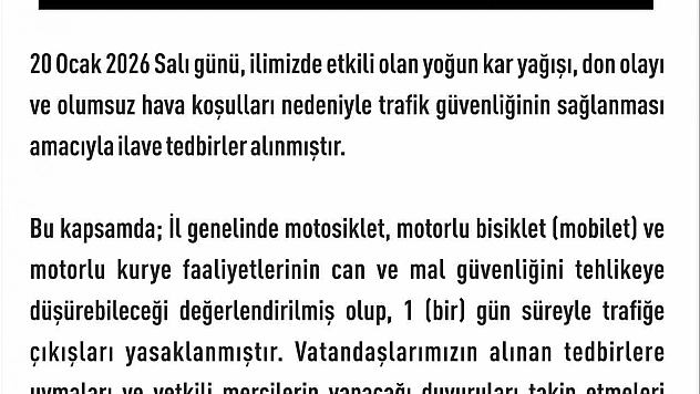 Elazığ'da Motosiklet ve Motorlu Kuryelere Yasağın Süresi Uzatıldı