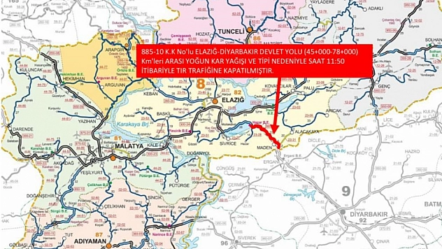 Elazığ-Diyarbakır karayolu, ağır tonajlı araçların geçişine kapatıldı.