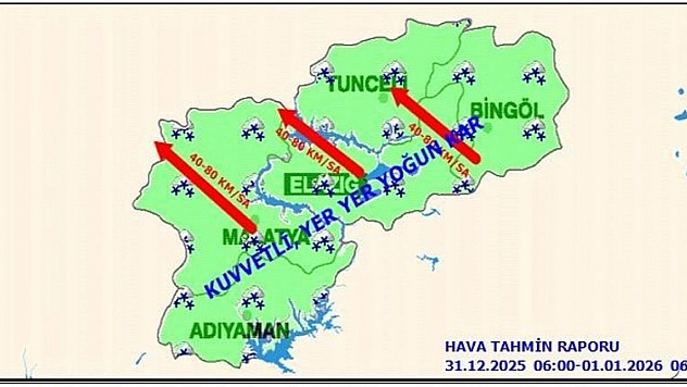 Elazığ'da yoğun kar yağışı ve şiddetli rüzgar bekleniyor.