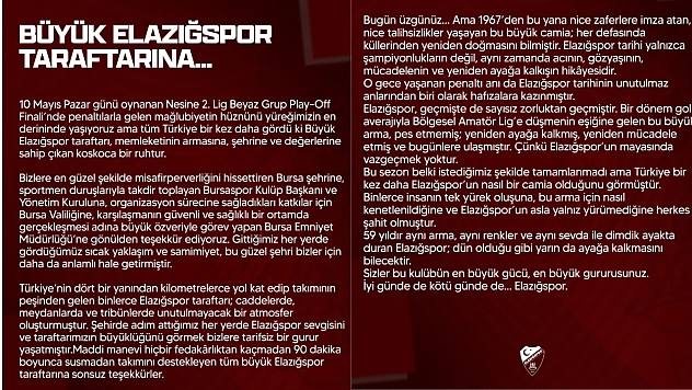 Elazığspor: 'Bu Büyük Camia Her Defasında Küllerinden Yeniden Doğmasını Bilmiştir'