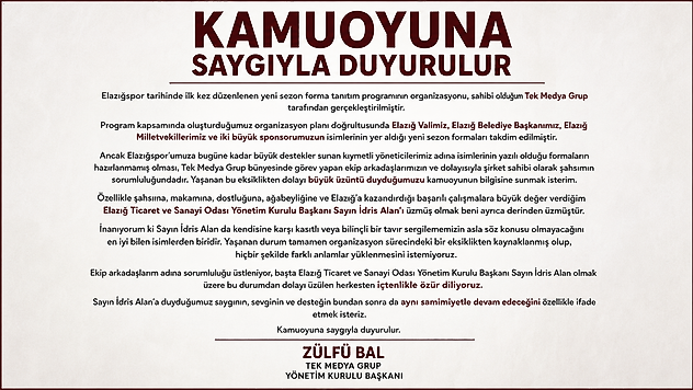 Elazığspor Forma Tanıtım Organizasyonundaki Eksiklik Sonrası Tek Medya Grup'tan Özür Açıklaması