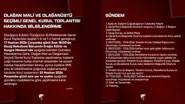Elazığspor Olağan Mali ve Olağanüstü Seçimli Genel Kurula Gidiyor