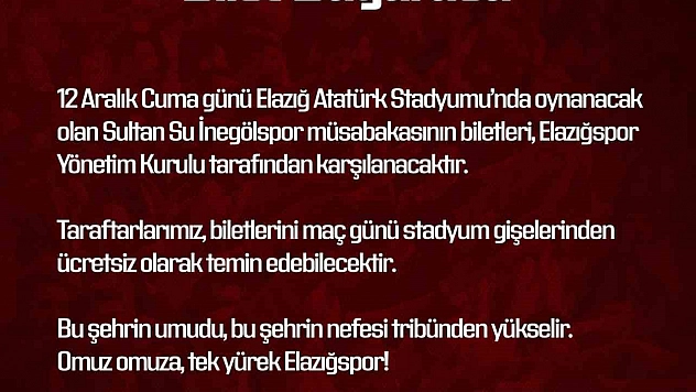 Elazığspor  biletleri ücretsiz yaptı