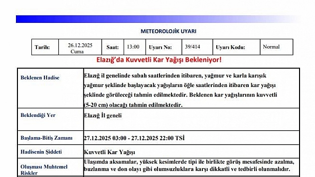 Meteoroloji 3. derece için yoğun kar yağışı uyarısında bulundu.