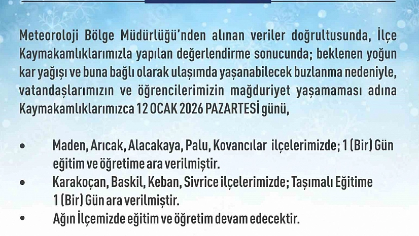 Elazığ'da 5 ilçede eğitime ara verildi