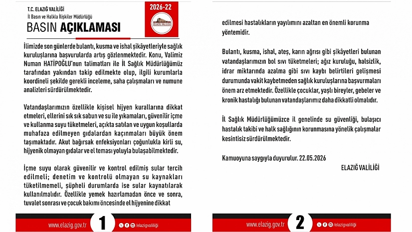 Elazığ'da Artan İshal ve Bulantı Vakaları Üzerine Valilikten Uyarı