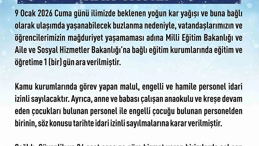 Elazığ'da eğitime 1 gün ara verildi