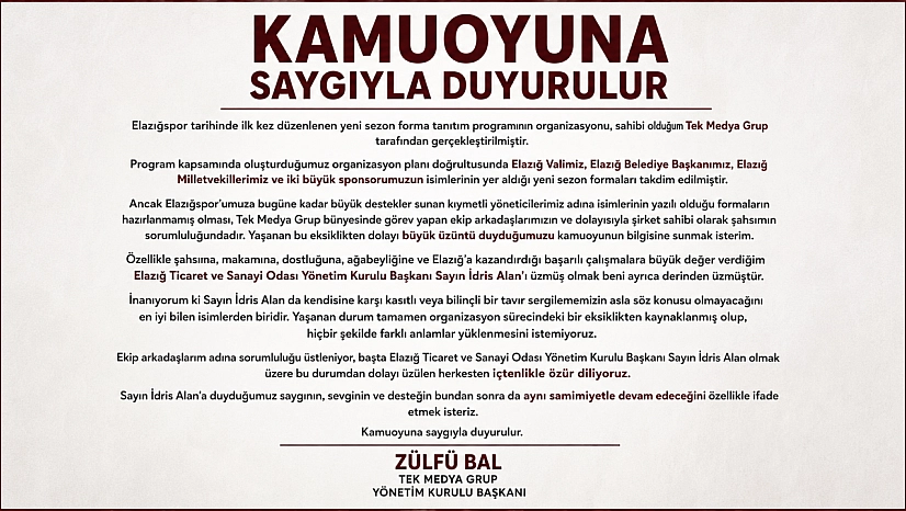 Elazığspor Forma Tanıtım Organizasyonundaki Eksiklik Sonrası Tek Medya Grup'tan Özür Açıklaması