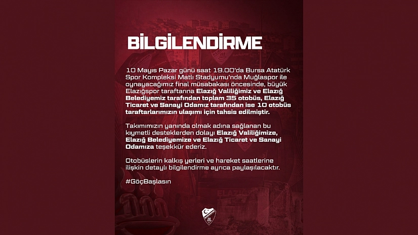 Elazığspor Taraftarına Final İçin Ulaşım Desteği: 45 Otobüs Tahsis Edildi!