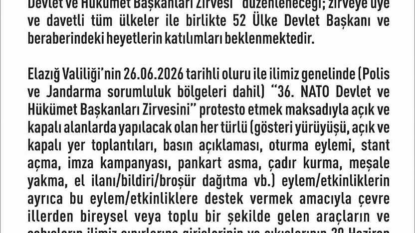 Elazığ'da Gösteri ve Yürüyüşlere 14 Gün Yasak