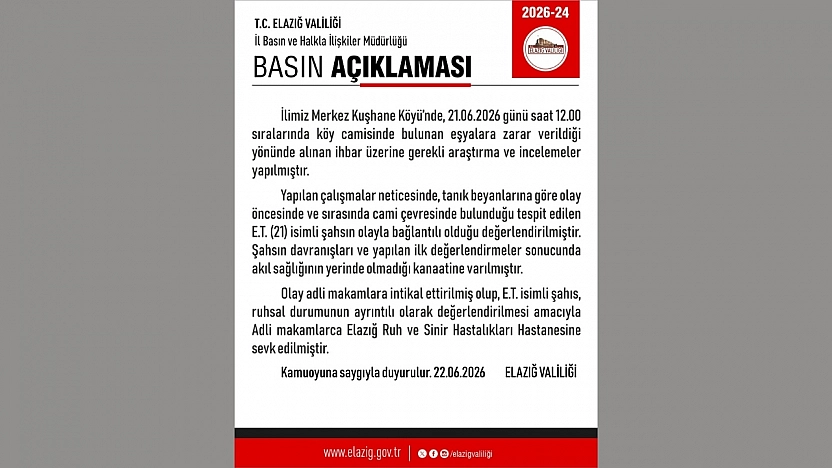 Elazığ'da Camiye Zarar Veren Şahıs Hastaneye Sevk Edildi