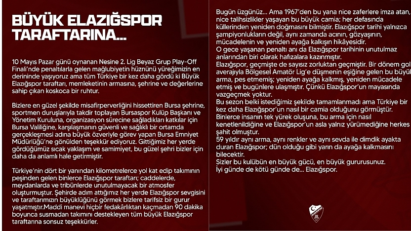 Elazığspor: 'Bu Büyük Camia Her Defasında Küllerinden Yeniden Doğmasını Bilmiştir'