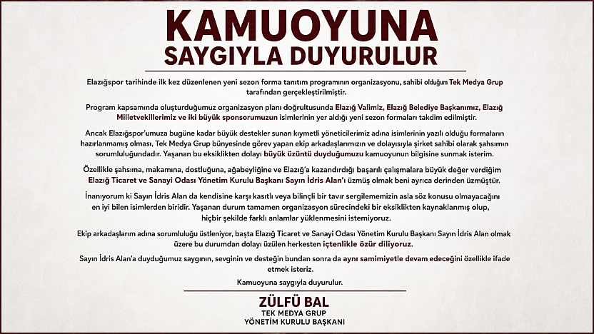 Elazığspor Forma Tanıtım Organizasyonundaki Eksiklik Sonrası Tek Medya Grup'tan Özür Açıklaması