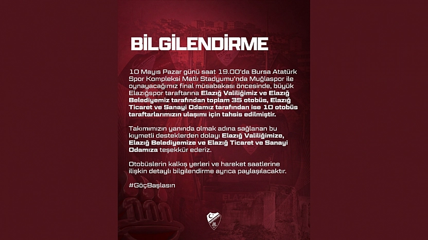 Elazığspor Taraftarına Final İçin Ulaşım Desteği: 45 Otobüs Tahsis Edildi!