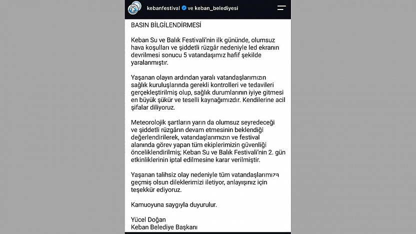 Keban Su ve Balık Festivali'nin 2. Gün Etkinlikleri İptal Edildi