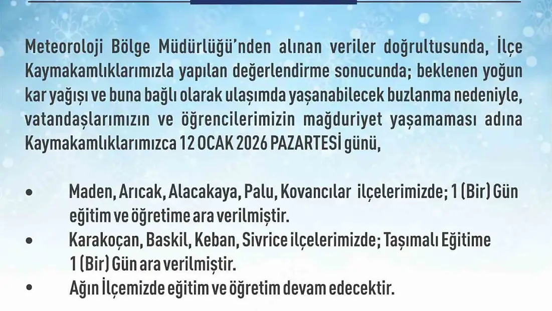 Elazığ'da 5 ilçede eğitime ara verildi
