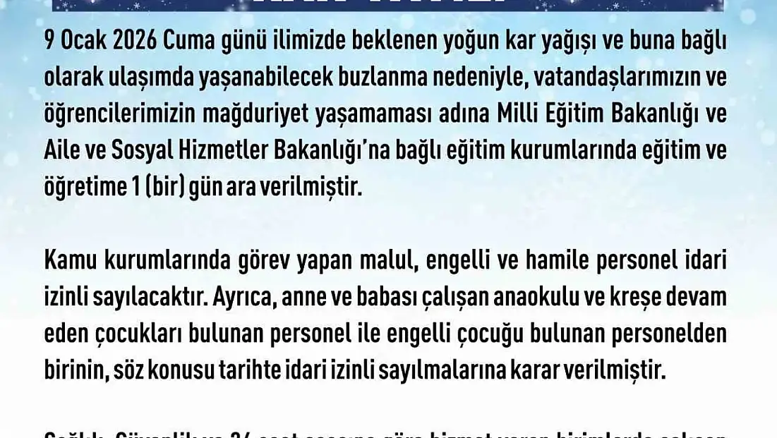 Elazığ'da eğitime 1 gün ara verildi