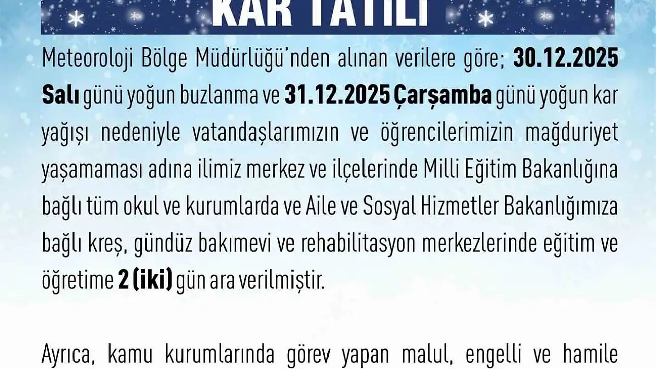 Elazığ'da eğitime 2 günlük ara verildi.