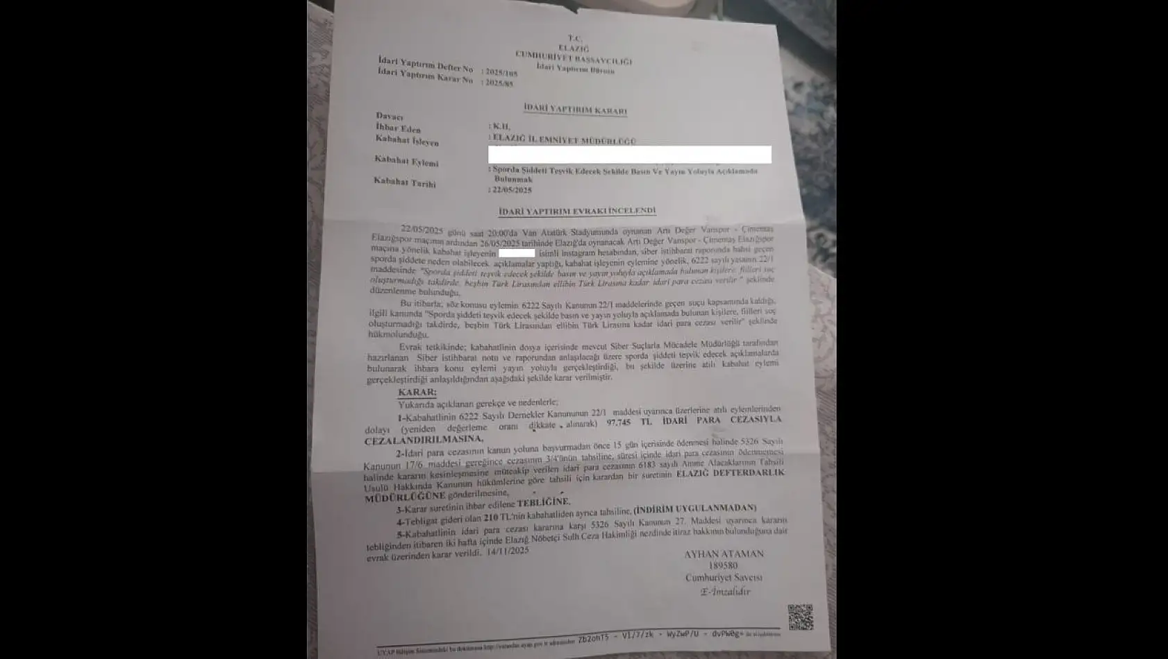 Olaylı Elazığspor-Vanspor Maçının Faturası Taraftara Kesildi