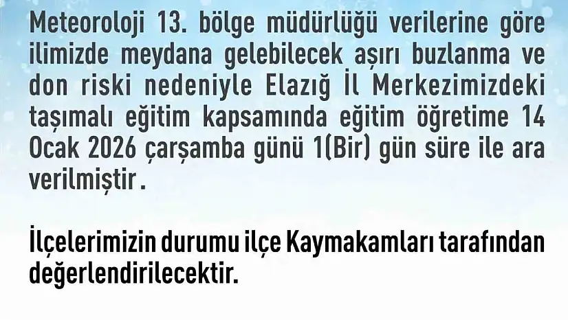 Elazığ'da Taşımalı Eğitime 1 Günlük Ara
