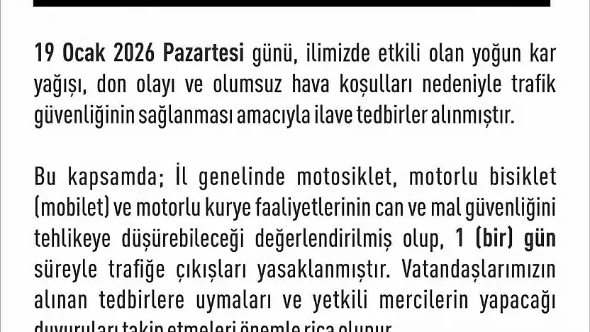 Elazığ'da Olumsuz Hava Nedeniyle Motosiklet ve Motorlu Kuryelere Yasak